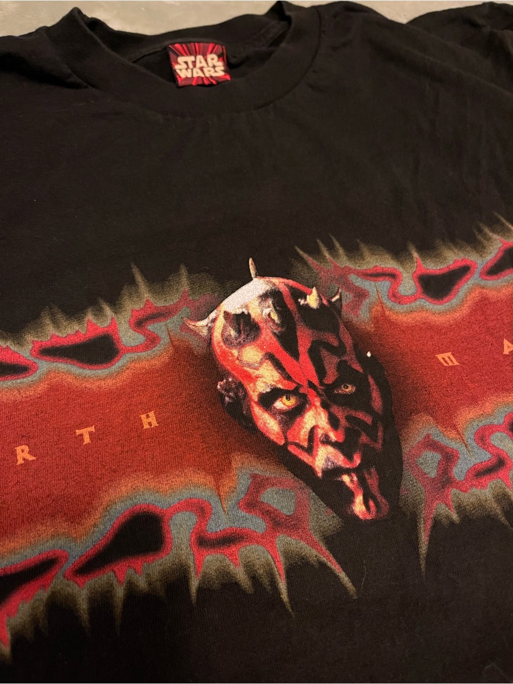 Vintage Star Wars Black Tee with Red and Orange Darth Maul Graphic 1999 90s